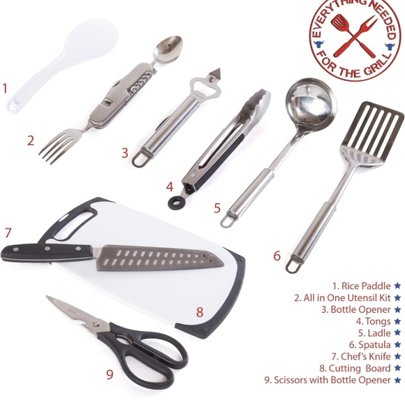 Wellmax Camping Grill Utensil Set w/bag, cutting board, knife, spatula, tongs - Picture 4 of 10